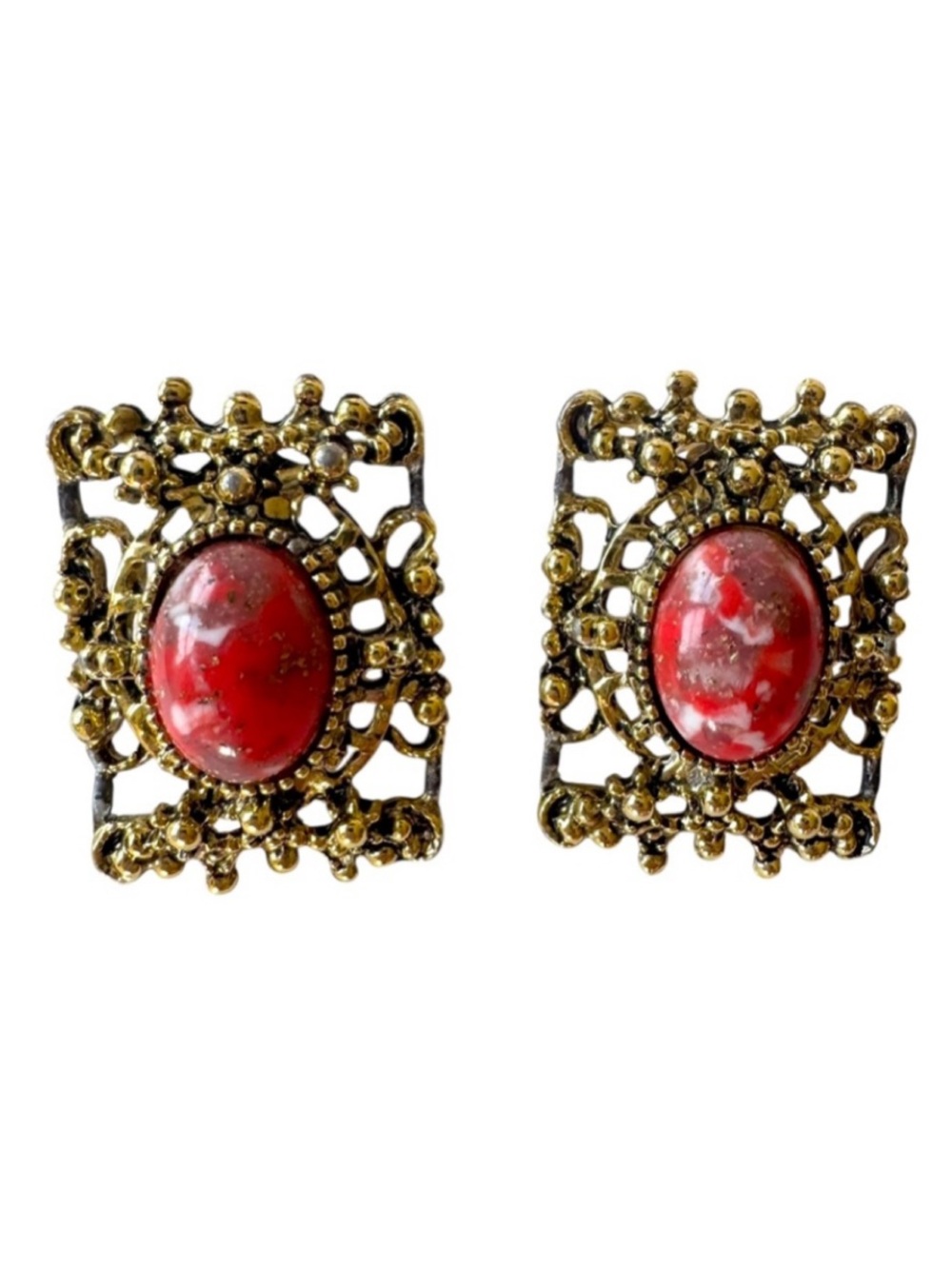 Vintage Earrings with Orange Marbled Stones